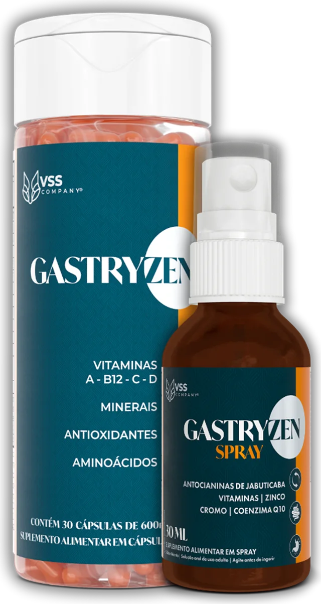 Pote de Gastryzen com 30 cápsulas ao lado do frasco de Gastryzen Spray de 30 ml