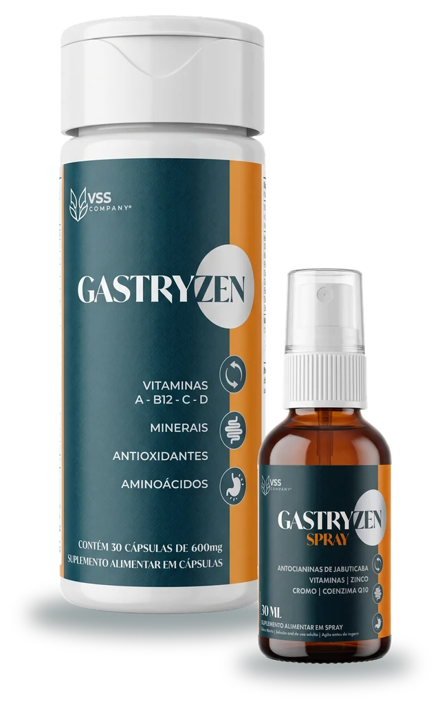 Pote de Gastryzen com 30 cápsulas ao lado do frasco de Gastryzen Spray de 30 ml