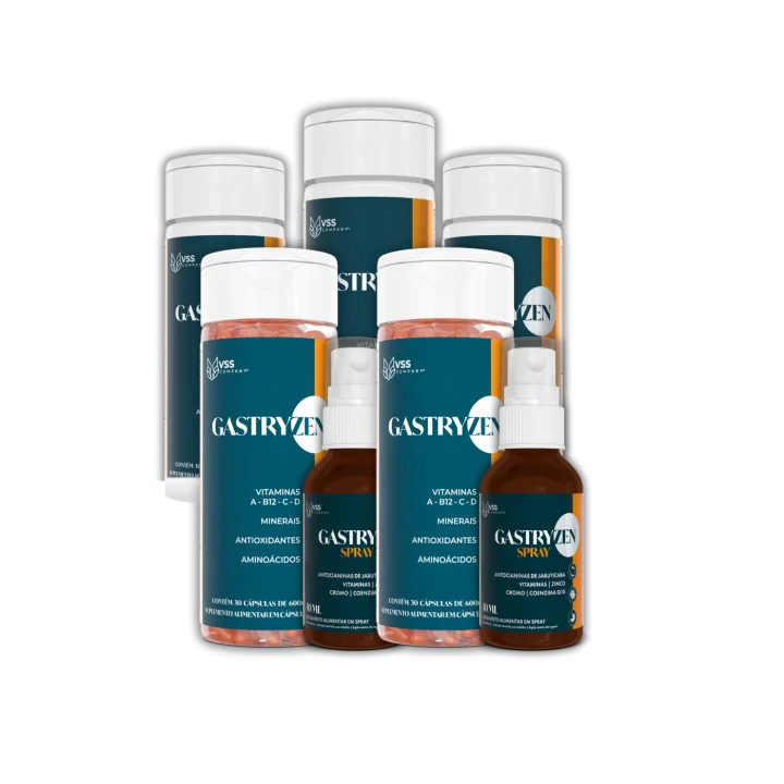 Combo Gastryzen com 5 potes de cápsulas e 2 sprays